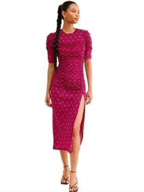 Free People Briella Ruched Bodycon Pullover Stretchy Floral Print MidiDress Sz:L